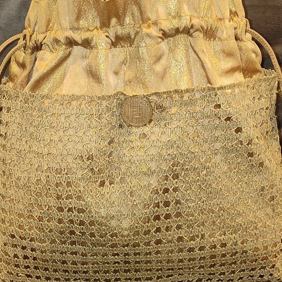 RARE FENDI S.A.S ZUCCA CROCHET GOLD  METALLIC DRAW-STRING FRINGE SHOULDER BAG - Picture 11 of 16